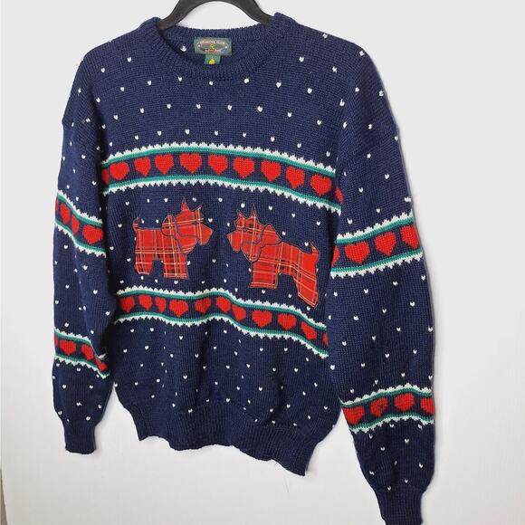 Vintage 80s 90s Scottie Dog Heart Sweater Large Wool Fair Isle Valentine Charter - Picture 2 of 8